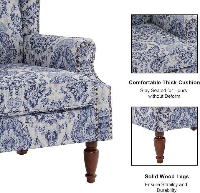 Accent Chair Set of 2, Upholstered High Back Floral Armchair with Nailhead Trim & Wood Legs, Comfy Wingback Reading Single Sofa Chair for Small Spaces, Living Room, Bedroom-Navy Blue Floral