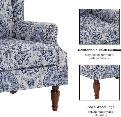 Accent Chair Set of 2, Upholstered High Back Floral Armchair with Nailhead Trim & Wood Legs, Comfy Wingback Reading Single Sofa Chair for Small Spaces, Living Room, Bedroom-Navy Blue Floral