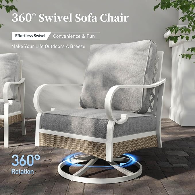 6 Piece Metal Outdoor Patio Furniture Set, Patio Conversations Set 3-Seater Couch, 2-Seater Sofa, 2 Swivel Sofa with 5.75" Thick Cushion and Coffee Table White Backyard Furniture, Gray