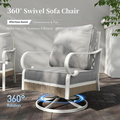 6 Piece Metal Outdoor Patio Furniture Set, Patio Conversations Set 3-Seater Couch, 2-Seater Sofa, 2 Swivel Sofa with 5.75" Thick Cushion and Coffee Table White Backyard Furniture, Gray