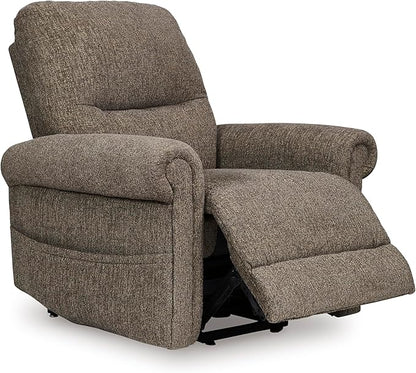 Signature Design by Ashley Aureta Classic Stain Resistant Power Lift Recliner with Side Pocket, Heat and Massage, Dark Brown