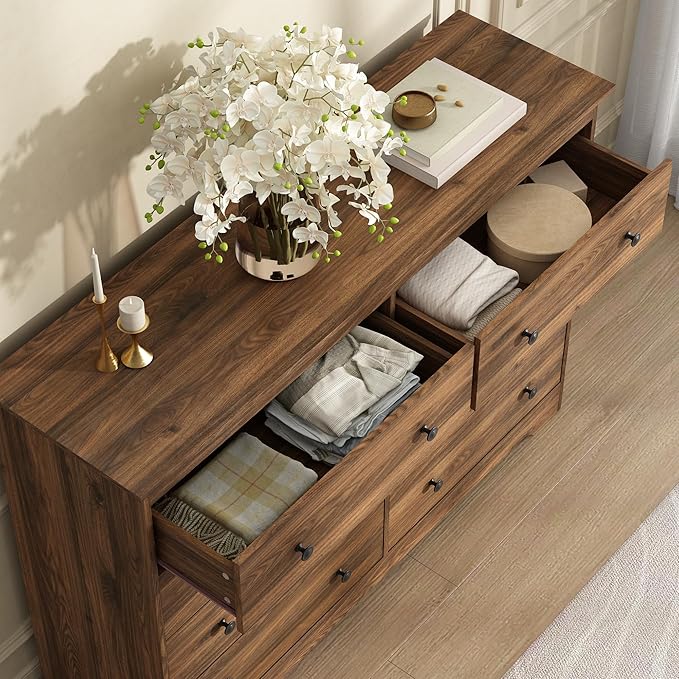 Dresser for Bedroom, 8 Drawer Dresser with Large Drawers, 55 Inch Wide Wood Chest for Living Room, Hallway, Walnut