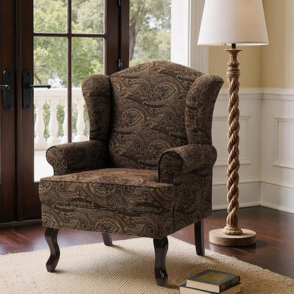 Pia Ricco High Back Floral Accent Chair, Upholstered Fabric Armchair with Solid Wood Legs - Retro Living Room Reading Chair, Comfortable Single Sofa Seat-Cranberry