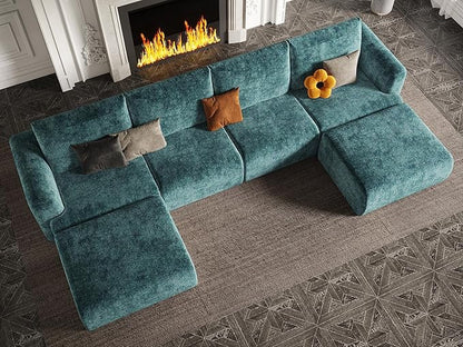 EASE MOOSE Boneless Modular Cloud Couch, Oversized U-Shaped Sectional Sofa for Living Room with Ottoman, Extra Large Movable Couches, 6-Deep-Seat Sofas for Bedroom, Apartment, Chenille (Blue)