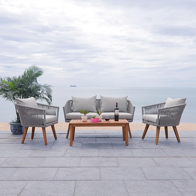 SAFAVIEH PAT7072A Outdoor Velso Rope 4-Piece Seat Cushions and Pillows Included Patio Set