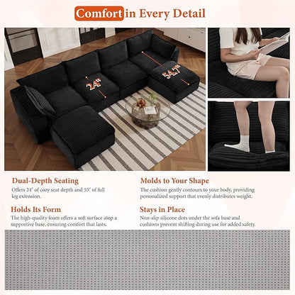 108" Sectional Couches for Living Room Boneless Couch Upholstered Cloud Couch Sectional Modular Sectional Sofa with L Shaped (Corduroy-Black, 4 Seat+2 Ottoman)