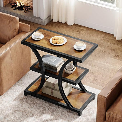 Tribesigns End Table with Storage, 3-Tier Side Table with Geometric Metal Design, Industrial Nightstand for Small Spaces, Living Room, Bedroom, Study Room (2, Rustic Brown)