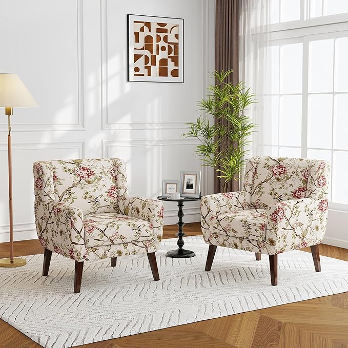 Accent Chairs Set of 2, Modern Fabric Armchairs for Living Room, Comfy Upholstered Arm Chairs Tufted for Indoor Bedroom Office Room (Pattern Floral)