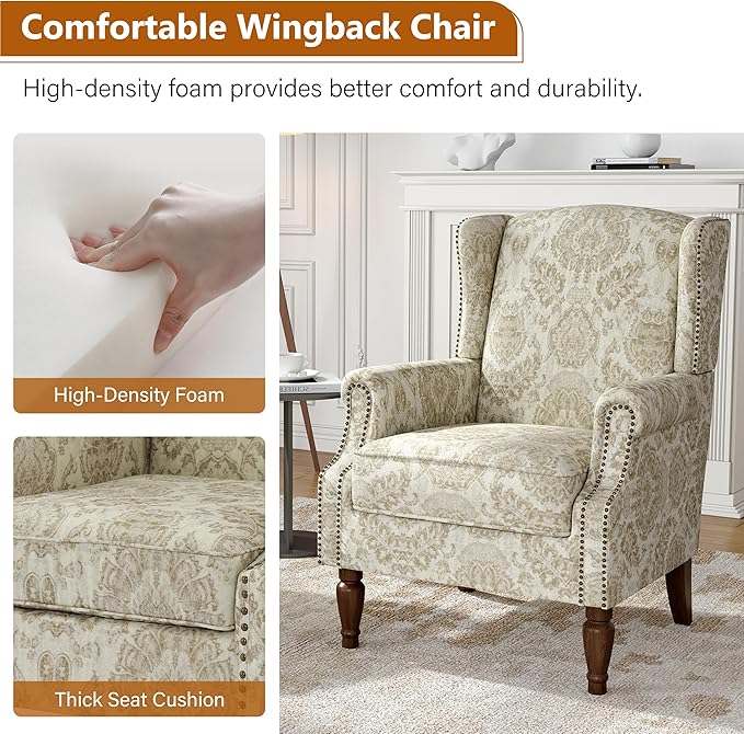 Wingback Accent Chair, High Back Upholstered Armchair, Printed Fabric Wingback Arms Chairs with Wood Legs, Single Sofa Reading Chair for Bedroom Living Room, White
