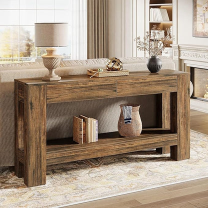 Tribesigns 63-Inch Console Table with 2 Drawers, 2-Tier Wooden Sofa Table Behind Couch, Farmhouse Entryway Console with Storage Shelf for Living Room, Entrance, Hallway (Dark Brown)