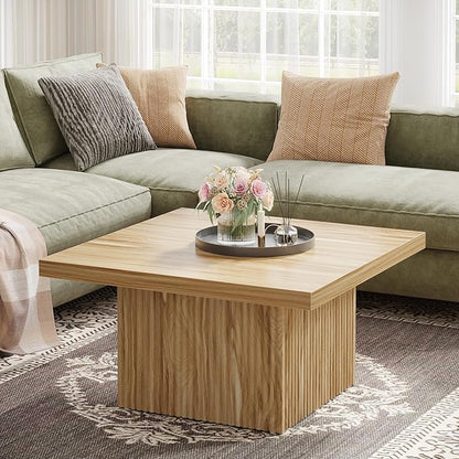 Tribesigns Square Coffee Table, 31.5-Inch Fluted Coffee Table, Mid-Century Modern Living Room Table, Large Cocktail Table for Living Room, Easy Assembly, Oak