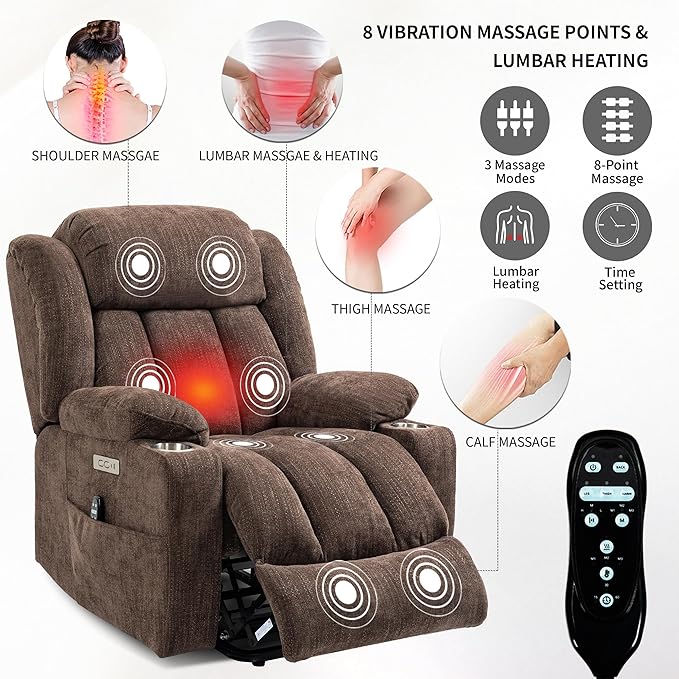 Power Lift Chair for Elderly, Electric Recliner Chair with 8-Point Vibration Massage and Lumbar Heating, Charging Ports, Cup Holders, Standing Assistance Reclining - Brown