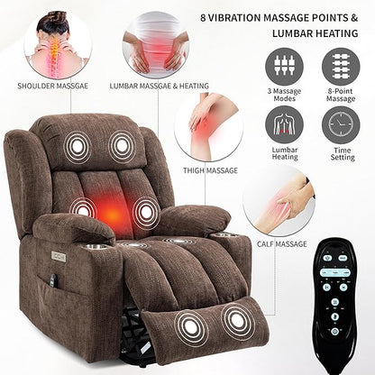 Power Lift Chair for Elderly, Electric Recliner Chair with 8-Point Vibration Massage and Lumbar Heating, Charging Ports, Cup Holders, Standing Assistance Reclining - Brown