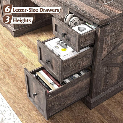 EnHomee 58" W Farmhouse Executive Desk with Drawers, Wood Home Office Desks with Power Outlets, Rustic Computer Desk with Storage Cabinet for Working, Studying, Writing, Dark Rustic Oak