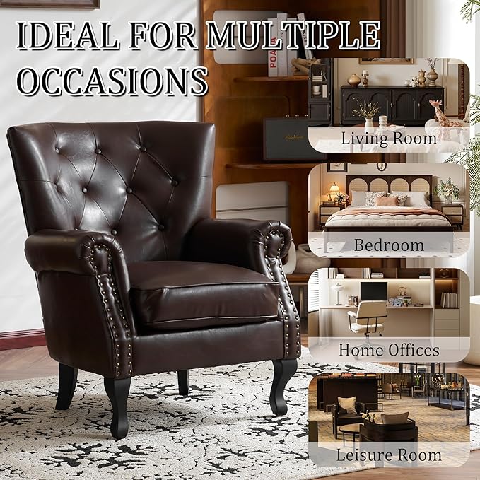 Modern Faux Leather Accent Chair, Upholstered Mid-Century Armchair with Solid Wood Legs, Single Sofa Chair for Living Room, Bedroom, or Reading Room（Caramel）