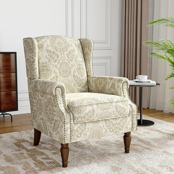 Wingback Accent Chair, High Back Upholstered Armchair, Printed Fabric Wingback Arms Chairs with Wood Legs, Single Sofa Reading Chair for Bedroom Living Room, White