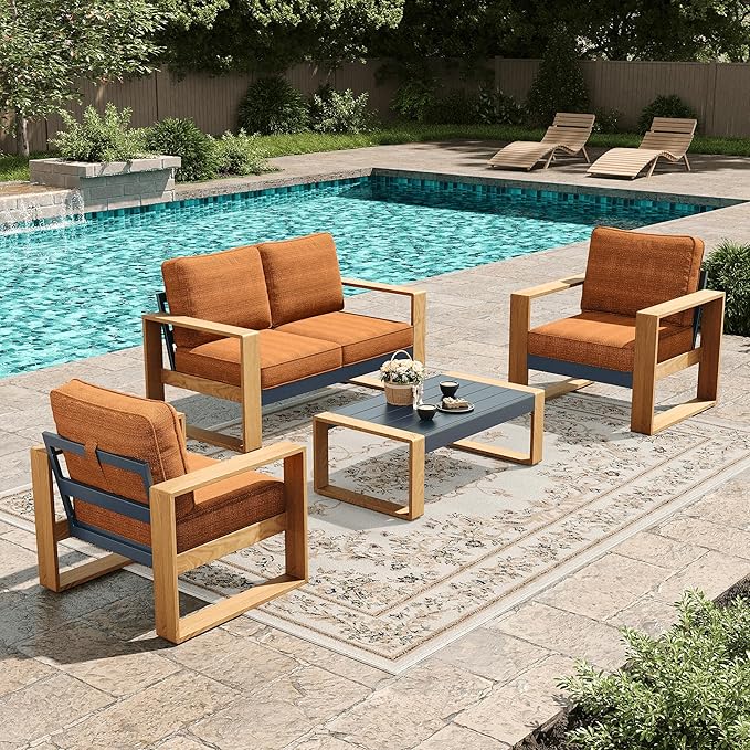 LayinSun 4 Pieces Aluminum Patio Furniture Set with Coffee Table, Oversized Seat with Hight Back, Outdoor Conversation Sets for Porch, Balcony, Deck