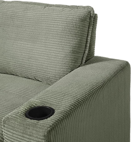 Christopher Knight Home Zoe Oversized Chaise Lounge Chair Indoor with Cup Holders & USB Charging Port, Corduroy Upholstered Sofa Bed + Ottoman with Storage, Comfy Deep Seat Sleeper Sofa Chair, Green