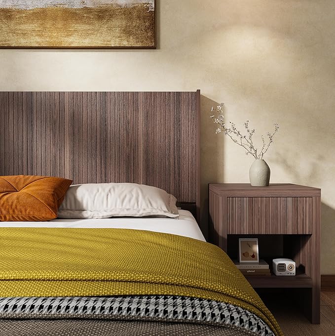 KEIKI Wooden Queen Size Headboard Only, 64.5" Wide Farmhouse Headboards with Wall Mounted Fluted Panel & Wingback for Bedroom, Walnut Brown