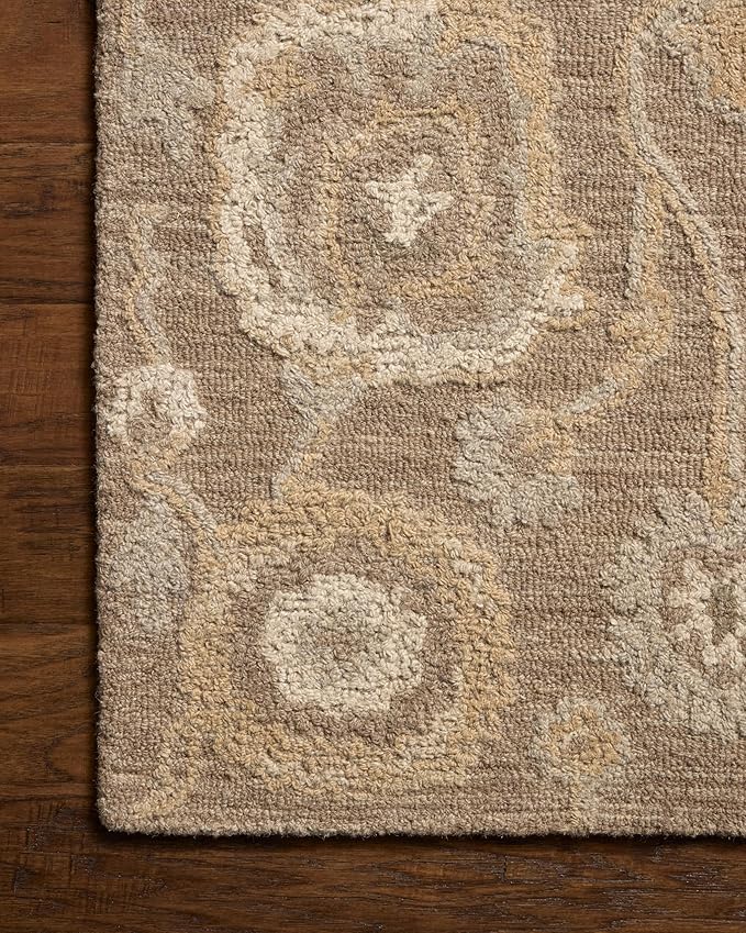 Loloi Chris Loves Julia Dorothea Collection DRT-01 Bark/Stone 7'-9" x 9'-9" Area Rug Wool Neutral Floral Living Room Bedroom Carpet