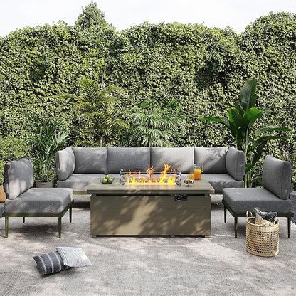 Sundale Outdoor 7 Pieces Patio Furniture Set with Fire Pit Table, L-Shaped Outdoor Sectional Sofa with 6 Inch Olefin Cushion, All-Weather Modern Metal Outdoor Conversation Sets (6 Seats,Green Frame)