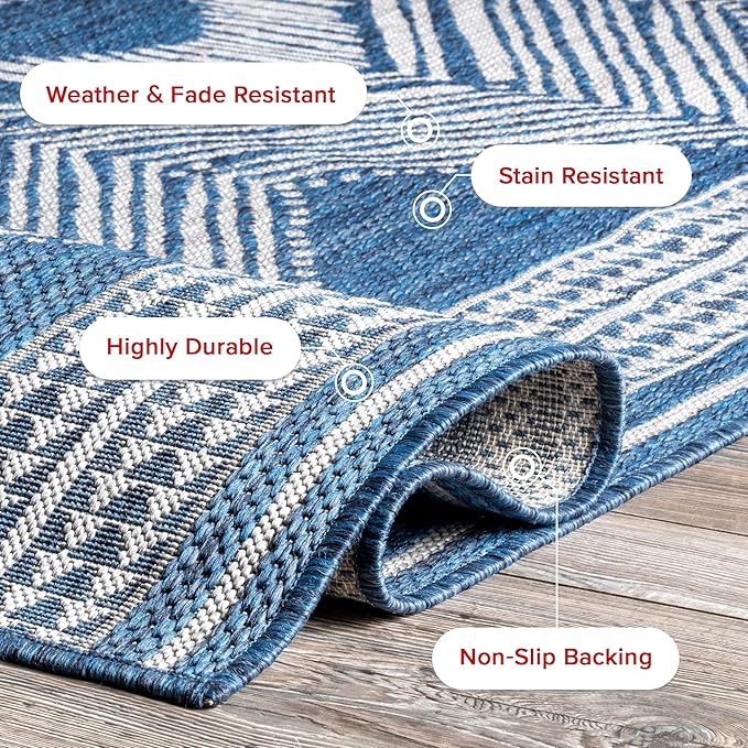 nuLOOM 6'7" Round Outdoor Tribal Geometric Area Rug, Stain Resistant, Weather Resistant, High Traffic, Patio, Balcony, Outside, Ranya Blue