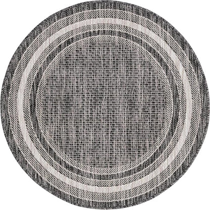 Unique Loom Outdoor Border Collection Area Rug - Soft Border (3' 1" Round, Black/ Ivory)