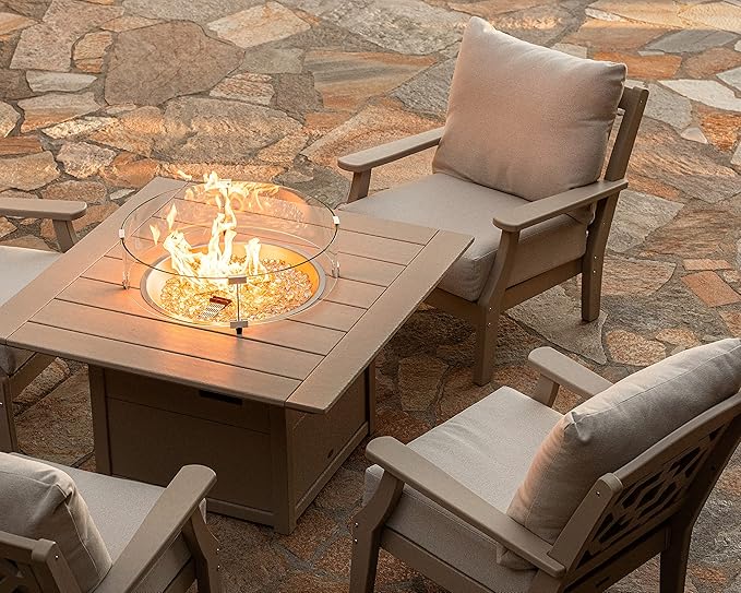 Martha Stewart by POLYWOOD Chinoiserie Outdoor Deep Seating Chair with Cushion, Slate Grey/Natural Linen, Durable and Comfortable HDPE All-Weather Patio Furniture for Deck, Backyard, Made in The USA