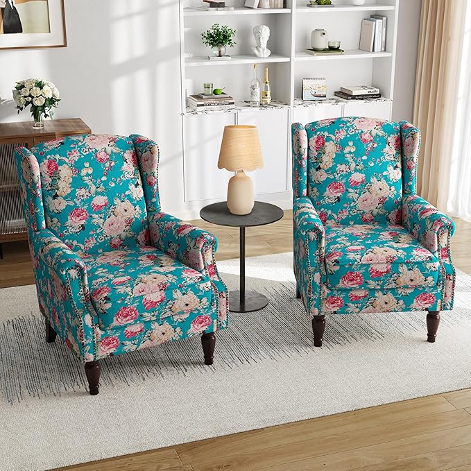 High Back Floral Accent Chair - Retro Wingback Upholstered Armchair with Nailhead Trim, Solid Wood Legs, Fabric Living Room Bedroom Reading Chair (Peacock Blue)