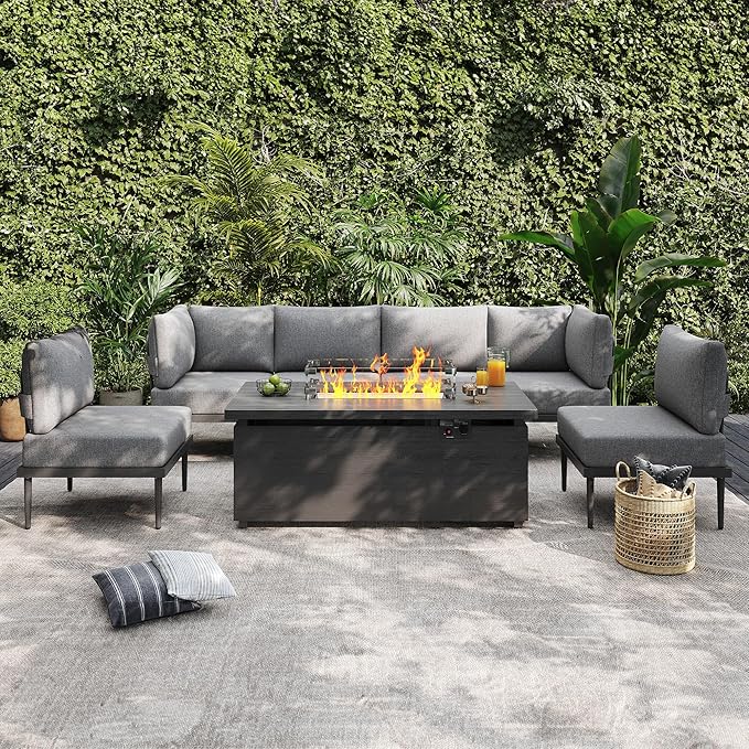 Sundale Outdoor 7 Pieces Metal Patio Furniture Set with Fire Pit Table, Outdoor Sectional Sofa with 6" Olefin Cushion, Modern Outdoor Conversation Sets (6 Seats, Grey Frame)