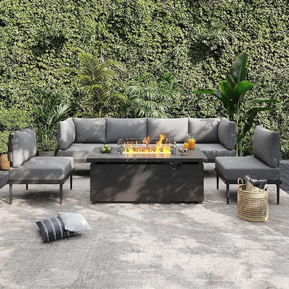 Sundale Outdoor 7 Pieces Metal Patio Furniture Set with Fire Pit Table, Outdoor Sectional Sofa with 6" Olefin Cushion, Modern Outdoor Conversation Sets (6 Seats, Grey Frame)