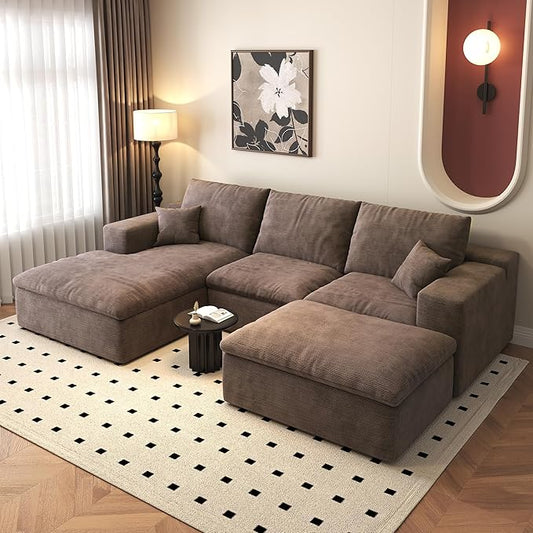 107'' U-Shaped Modern Modular Sectional Cloud Couch Whit Ottoman, 4-Seat Chenille Deep-Seat Sofa with Pillow for Living Room, Bedroom, Apartment, Camel