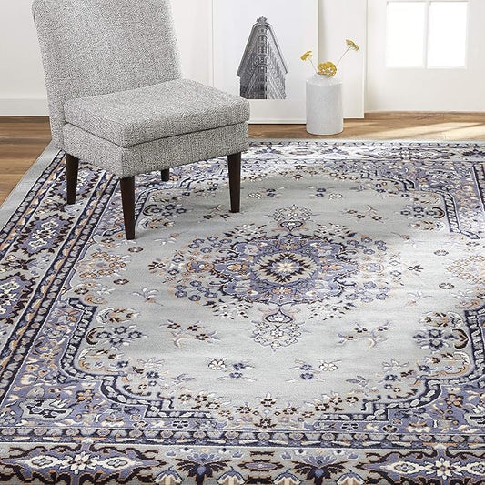 Home Dynamix Premium Sakarya Traditional Medallion Border Area Rug, Silver, 3'7"x5'2" Rectangle