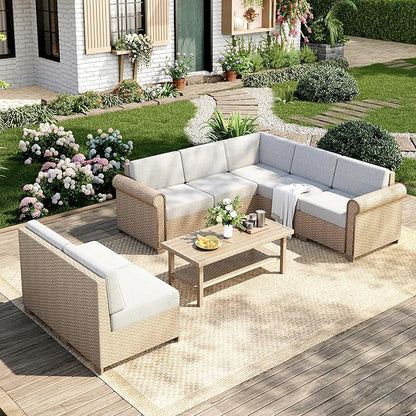 Patio Furniture Set, 8 Piece Outdoor Rattan Wicker Sectional Conversation Set with 5.5" Thick Waterproof Cushions and Coffee Table