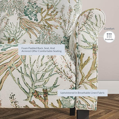 BELLEZE Modern Accent Chair for Living Room, High Back Linen Armchair with Wooden Legs, Upholstered Wingback Side Chair Padded Armrest Single Sofa for Living Room, Bedroom - Allston (Green Coral)