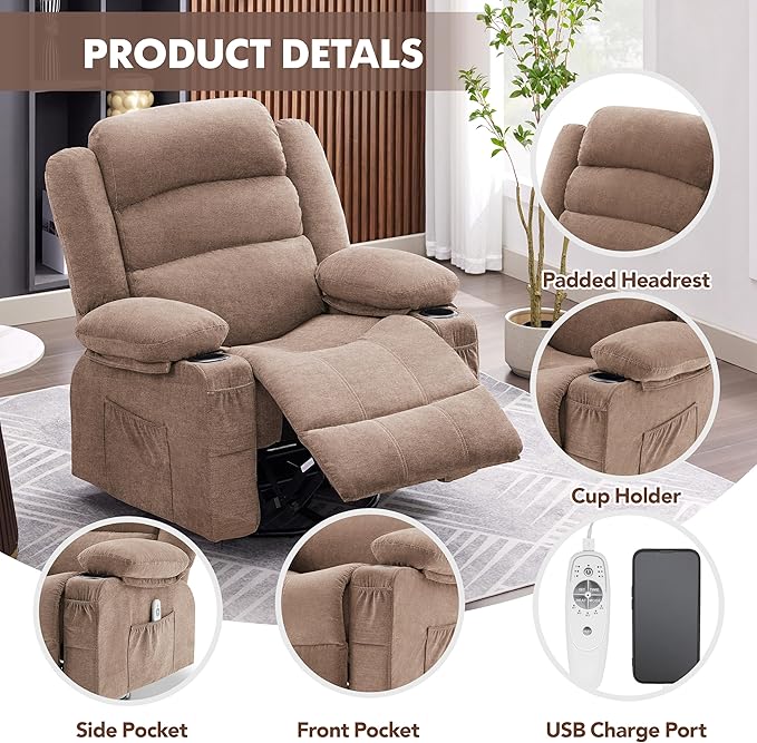 Oversized Recliner Chairs for Adults, 360° Swivel Rocking Recliner with Heat and Massage Lazy Boy Recliner,Recliner Chairs Single Sofa Seat with Cup Holders (Browm, Regular)