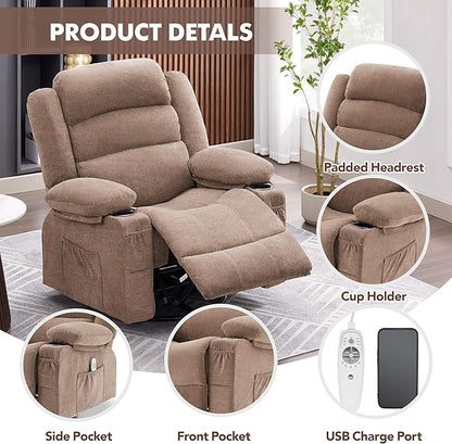 Oversized Recliner Chairs for Adults, 360° Swivel Rocking Recliner with Heat and Massage Lazy Boy Recliner,Recliner Chairs Single Sofa Seat with Cup Holders (Browm, Regular)