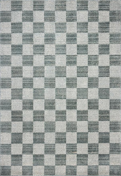 Loloi Chris Loves Julia Calvin Collection CLV-01 Blue/Ivory 7'-10" x 7'-10" Round Area Rug Checkered Neutral Soft Living Room Bedroom Carpet
