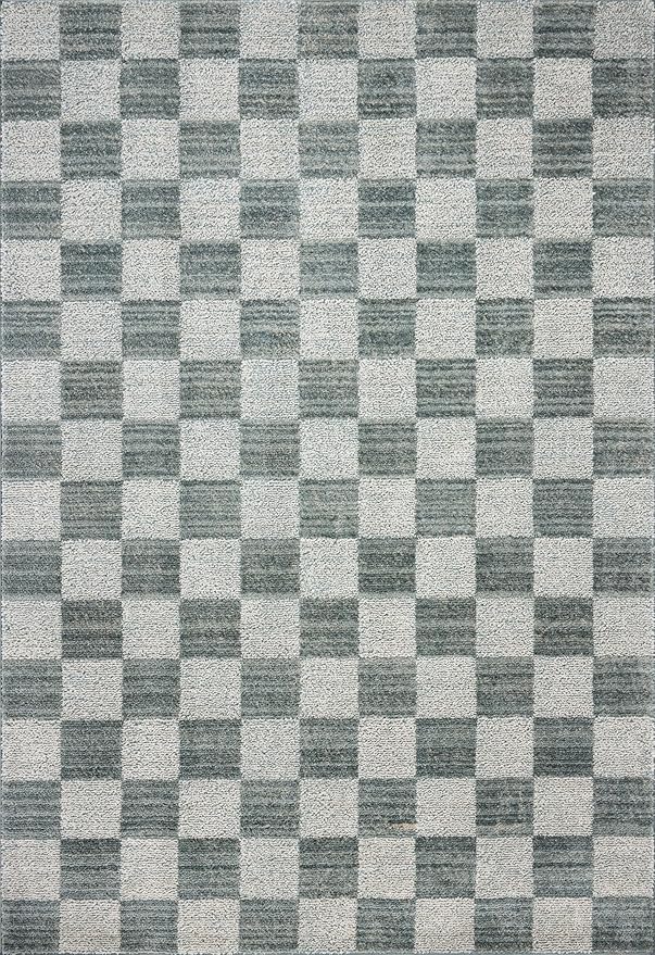 Loloi Chris Loves Julia Calvin Collection CLV-01 Blue/Ivory 9'-6" x 12'-6" Area Rug Checkered Neutral Soft Living Room Bedroom Carpet