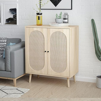 Sideboard Buffet Cabinet, High Kitchen Storage Cabinet with Rattan Doors and Adjustable Shelves, Accent Home Furniture for Living Room, Bedroom (Natural)