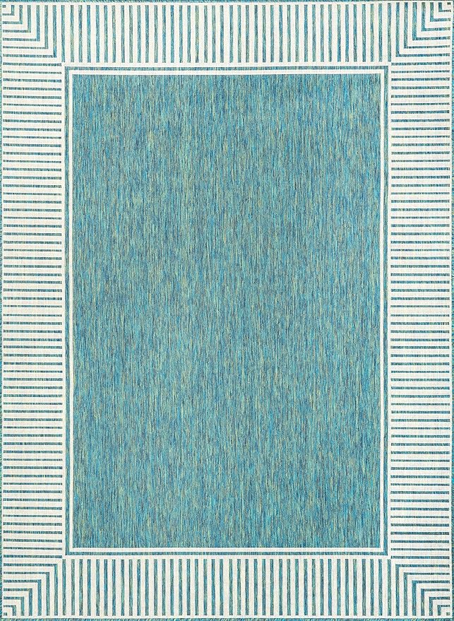 nuLOOM 5' x 8' Outdoor Area Rug, Casual Design With Striped Border, Stain Resistant, Highly Durable, For Patio, Balcony, Bedroom, Living Room, Dining Room, Bathroom, Teal