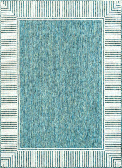 nuLOOM 5' x 8' Outdoor Area Rug, Casual Design With Striped Border, Stain Resistant, Highly Durable, For Patio, Balcony, Bedroom, Living Room, Dining Room, Bathroom, Teal