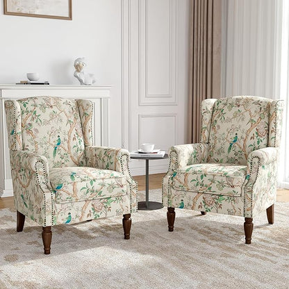 Wingback Accent Chairs Set of 2, High Back Upholstered Armchair, Printed Fabric Wingback Arms Chairs with Wood Legs, Single Sofa Reading Chair for Bedroom Living Room, Bird