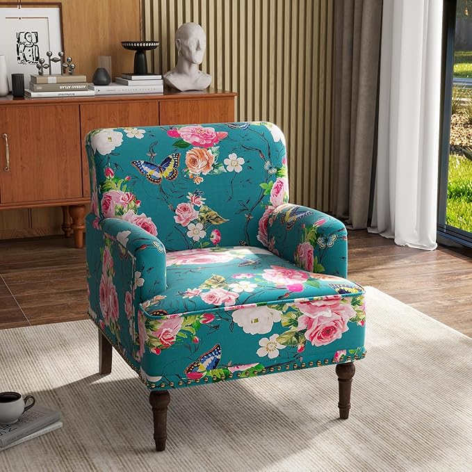UIXE Floral Accent Chair, Living Room Arm Chairs Modern Nailhead Trim Club Armchair with Wood Legs, Comfy Upholstered Sofa Lounge Seat Reading Seat Bedroom Side Seating for Home Office