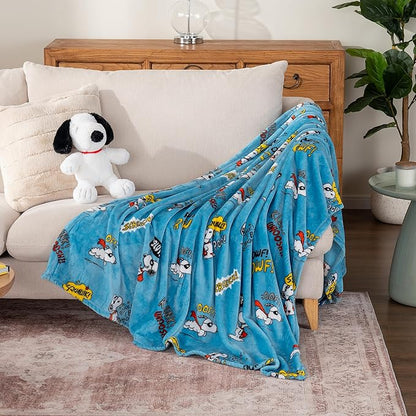 Berkshire Blanket Peanuts® VelvetLoft® Cute Character Snoopy Plush Throw Blanket,Peanuts Large Masked Marvel Toss Happy Blue,Throw 55 in x 70 in (Official Peanuts® Product)