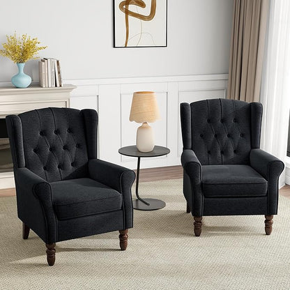 Mid-Century Modern 2-Piece Wingback Chair Set - Plush Upholstered Accent Chairs with Solid Wood Legs, High Back Lounge Seating for Living Room, Bedroom & Office - Retro Matched Pair (Bluish Black)