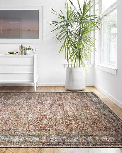 Loloi Layla Collection LAY-01 Brick/Blue 3'-6" x 5'-6" .13" Thick Accent Rug, Soft, Durable, Vintage Inspired, Distressed, Low Pile, Non-Shedding, Easy Clean, Printed, Living Room Rug