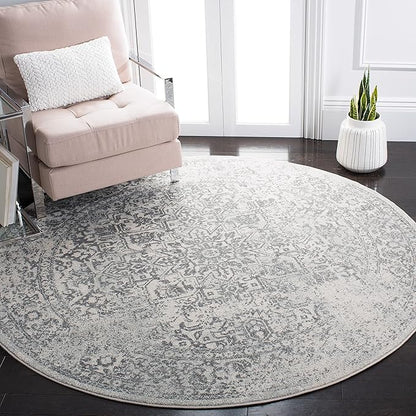 SAFAVIEH Evoke Collection Area Rug - 8' Round, Ivory & Grey, Distressed Design, Non-Shedding & Easy to Clean, Ideal for Living Room, Bedroom, Dining Space (EVK256F)