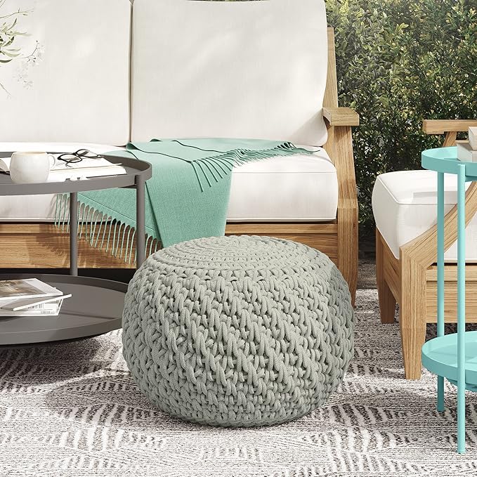 SIMPLIHOME Nisi Boho Round Knitted Outdoor/ Indoor Pouf in Light Grey Recycled PET Polyester for the Living Room, Bedroom and Kids Room
