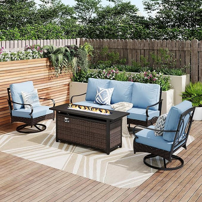 PHI VILLA Patio Furniture Set with 56" Fire Pit Table, Premium Outdoor Wicker Metal Frame Furniture with Upgraded Waterproof Thick Cushions for Porch, Poolside, Deck, and Yard （4 Pieces,Blue）
